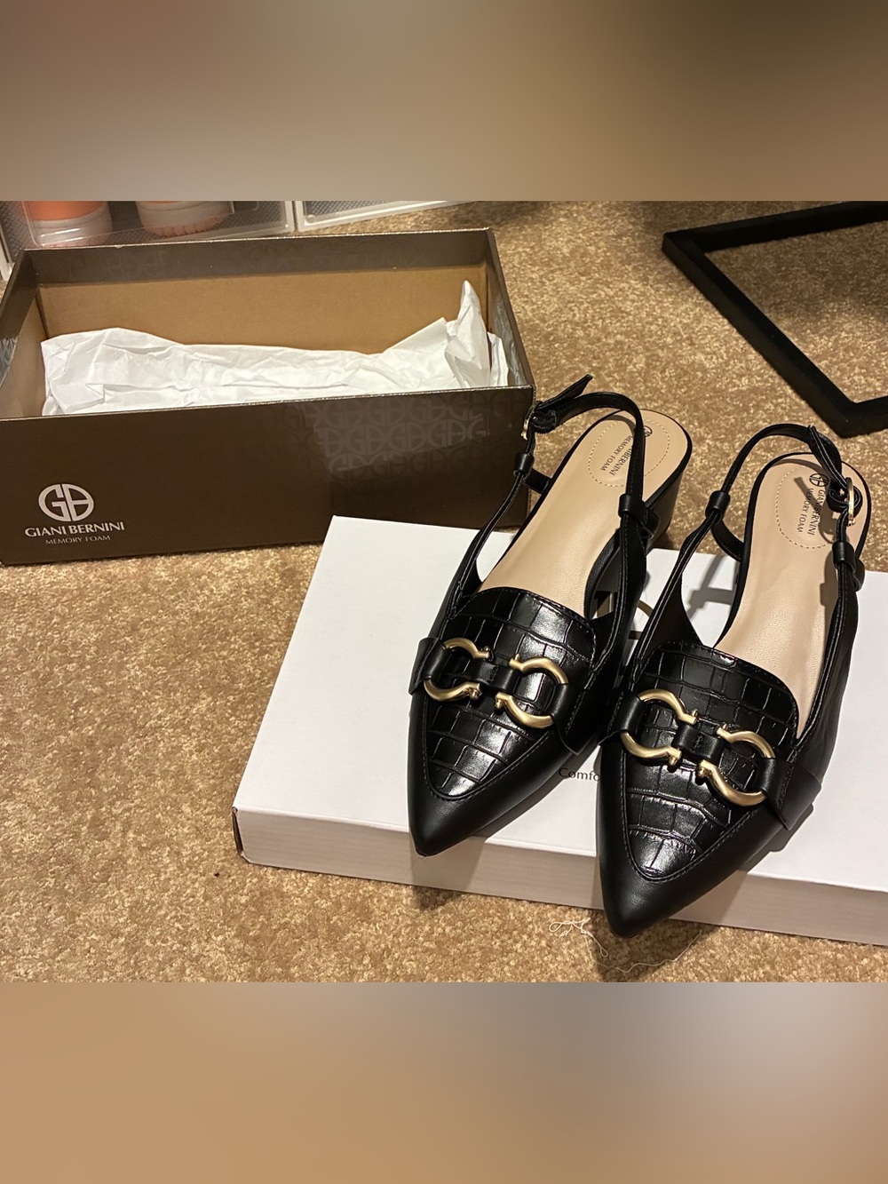 Giani Bernini Black Faux-Croc Pointed Slingback Mules with Gold Hardware